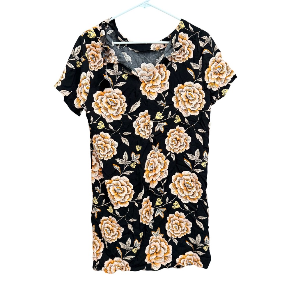 Forever 21 Floral Mini Dress Short‎ Sleeve Black Peach Flower Pattern